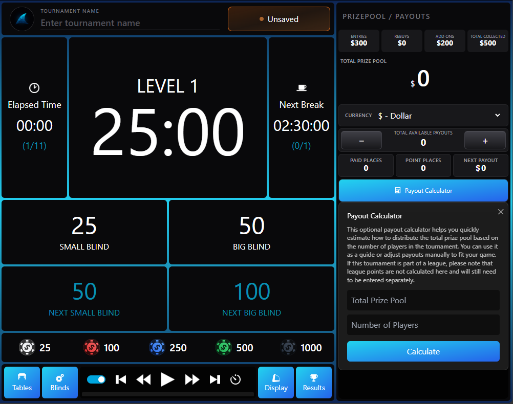 BlindShark payout calculator generating a fair prize pool structure from player count