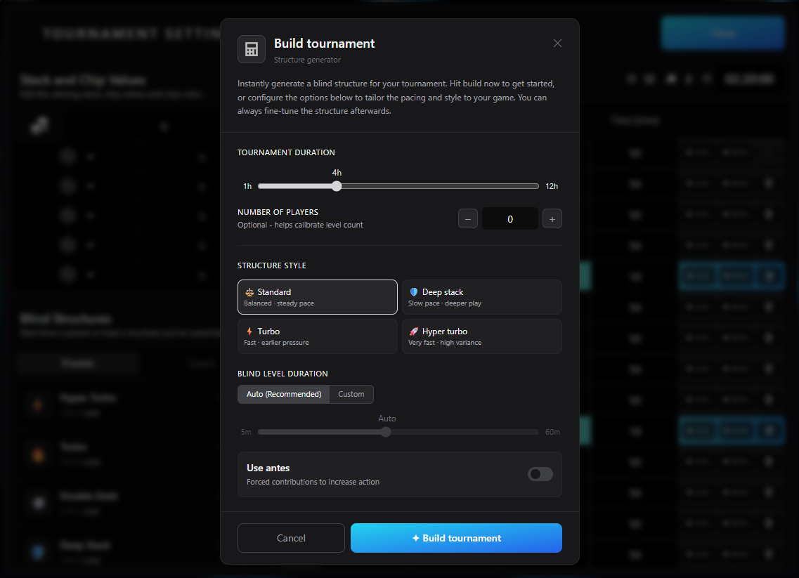 BlindShark tournament builder for setting up blind levels and structure in advance