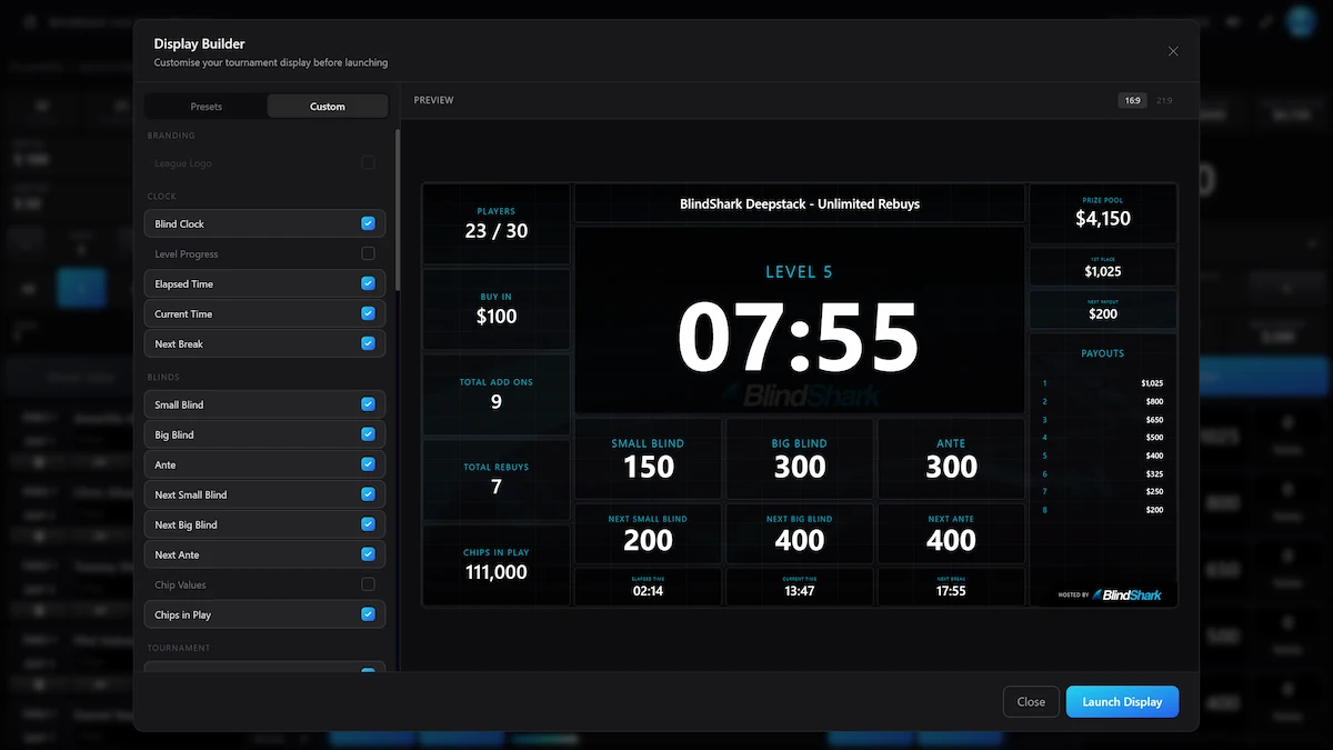 BlindShark drag-and-drop grid editor for building a tournament clock display