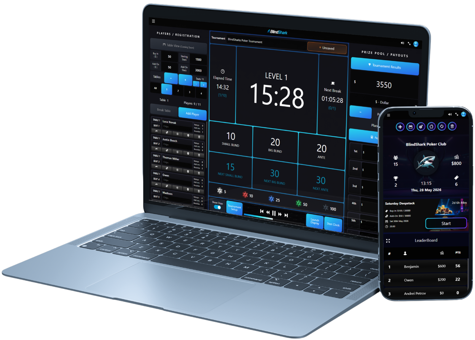 BlindShark tournament manager interface displayed on a laptop and mobile device