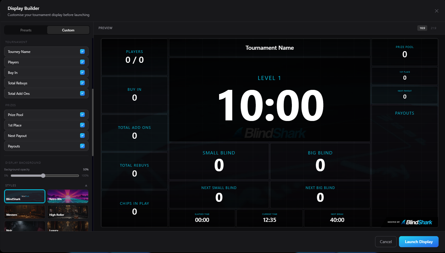 BlindShark drag-and-drop grid editor for customizing a live poker tournament clock display
