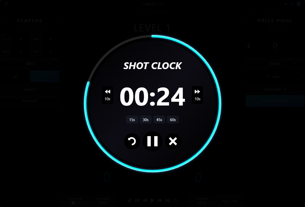 BlindShark shot clock built into the tournament host for controlling hand pace