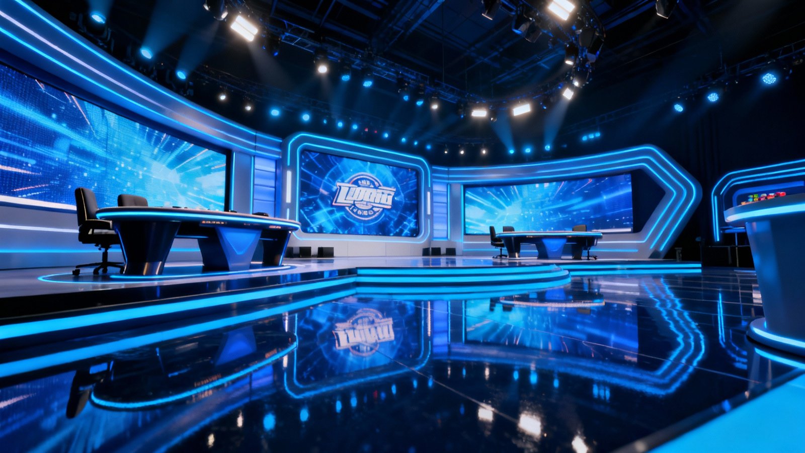 Poker tournament stage with LED display screens and ambient blue lighting