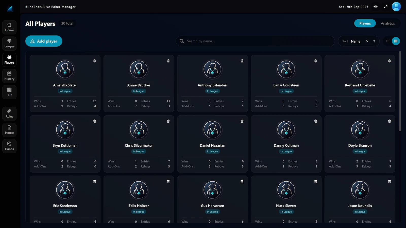 Player roster cards showing wins, entries, add-ons and rebuys