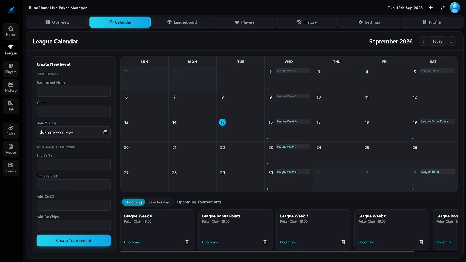 BlindShark league calendar with scheduled tournaments across a season