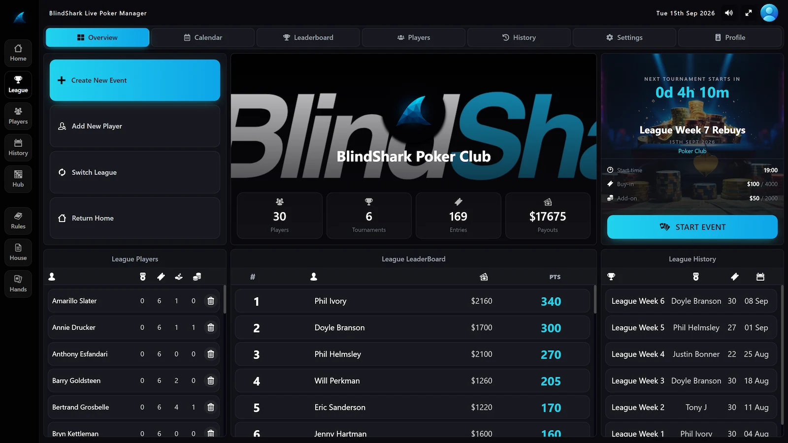 BlindShark league dashboard showing the next scheduled event, current standings and prize pool