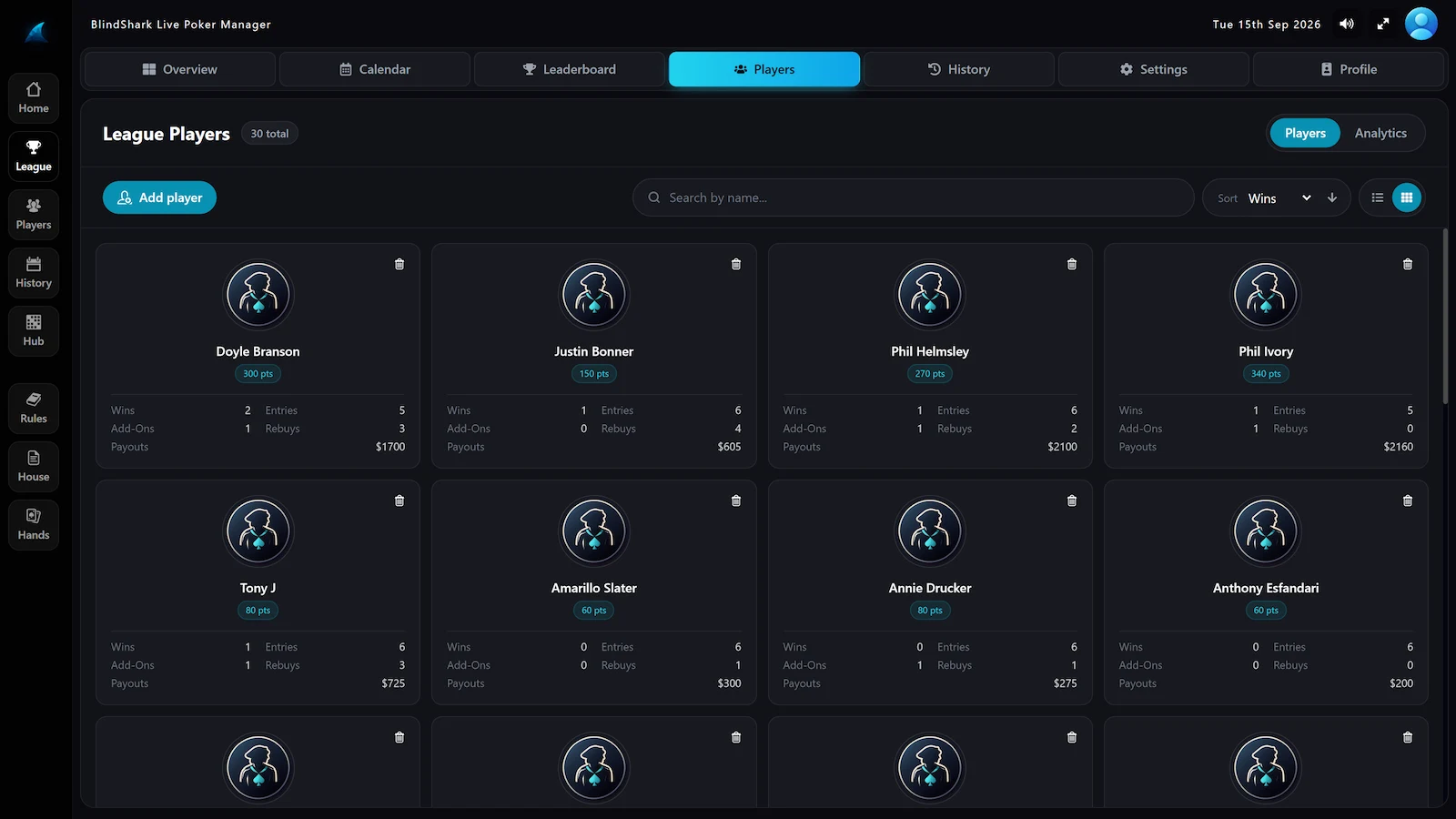 BlindShark league player roster showing each player's profile and season record