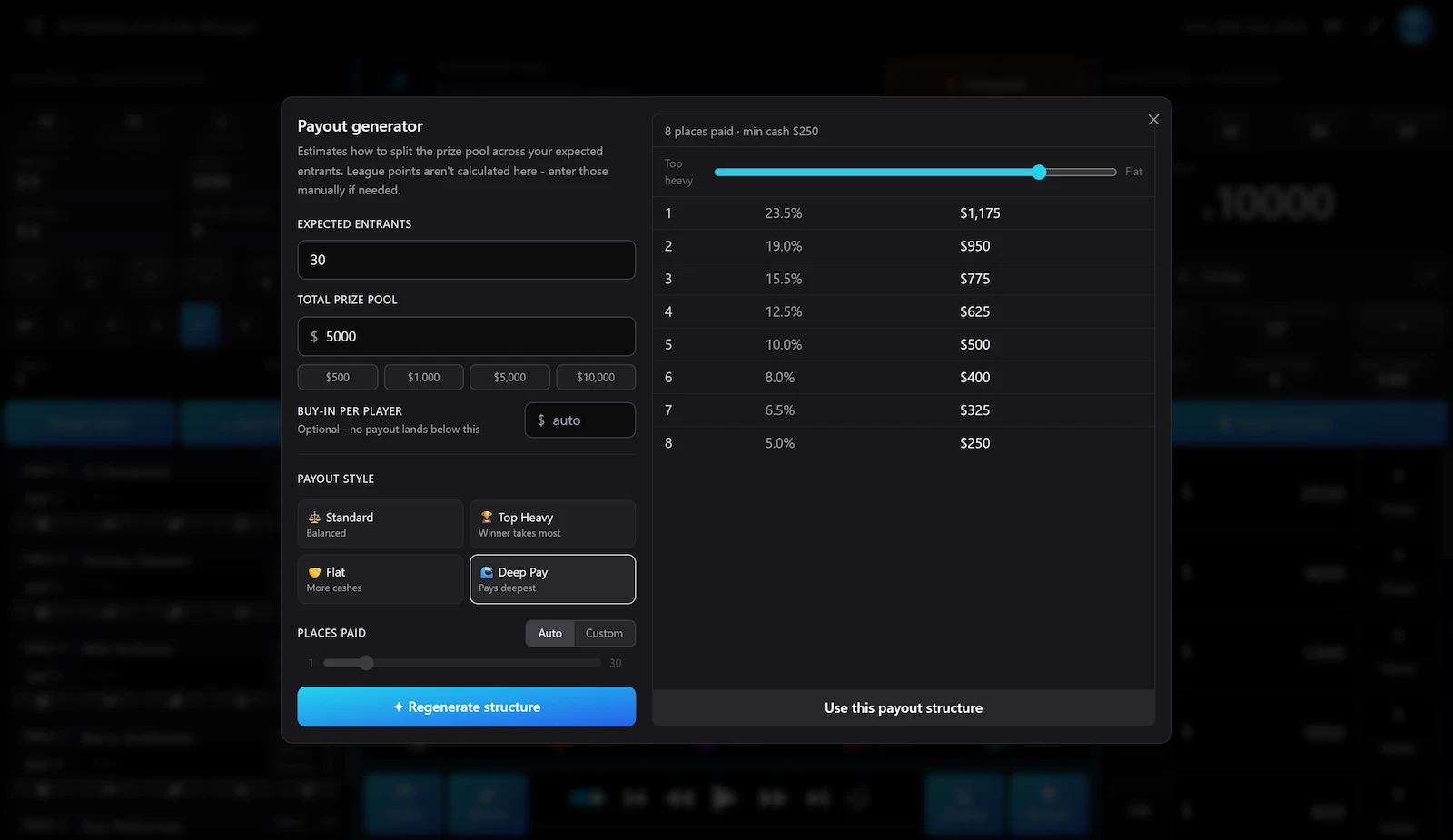 Payout calculator splitting a prize pool across paid places
