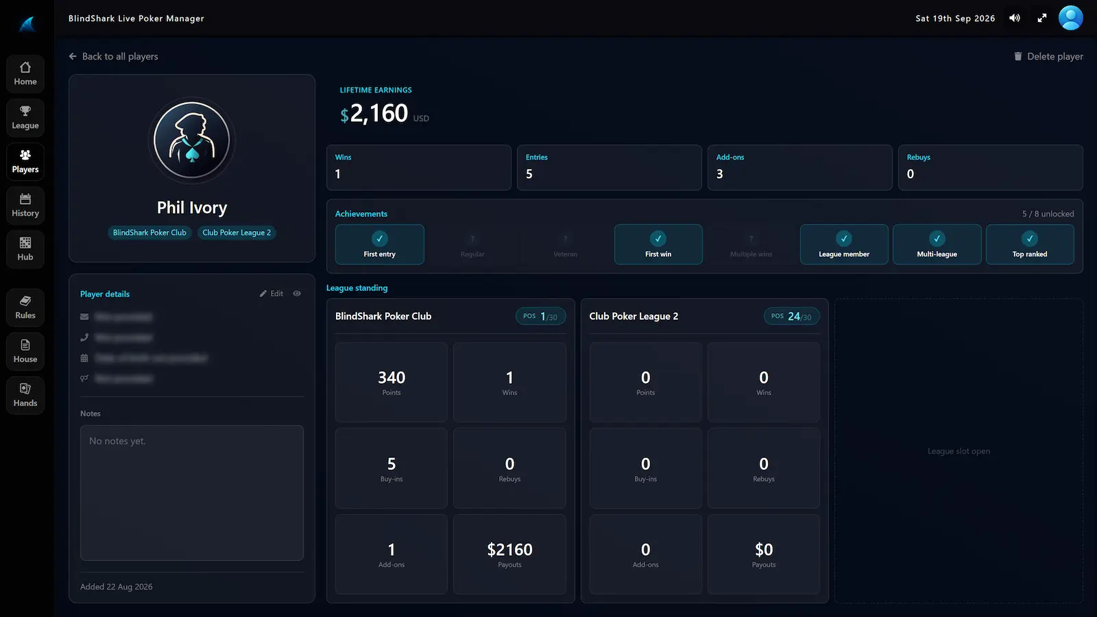 Player profile showing league standings, contact details and notes
