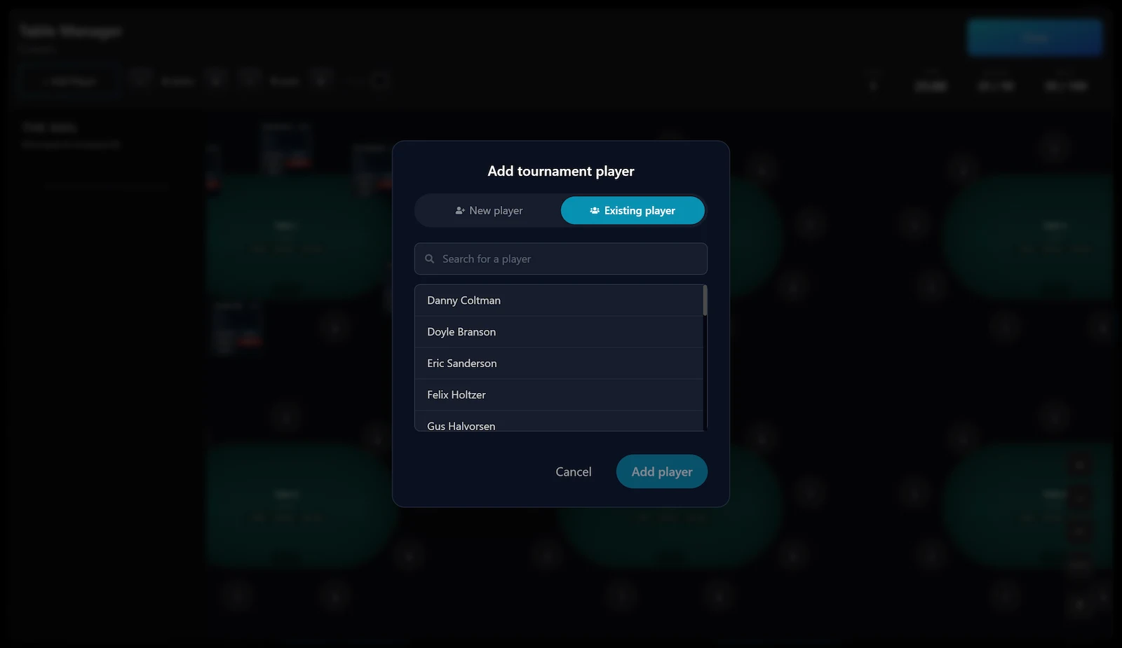 Player registration panel showing buy-ins, stacks and seat assignment