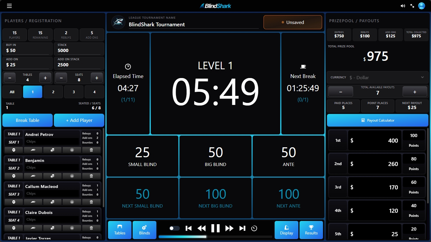 BlindShark live tournament host screen showing player registration, buy-ins, and seat allocation