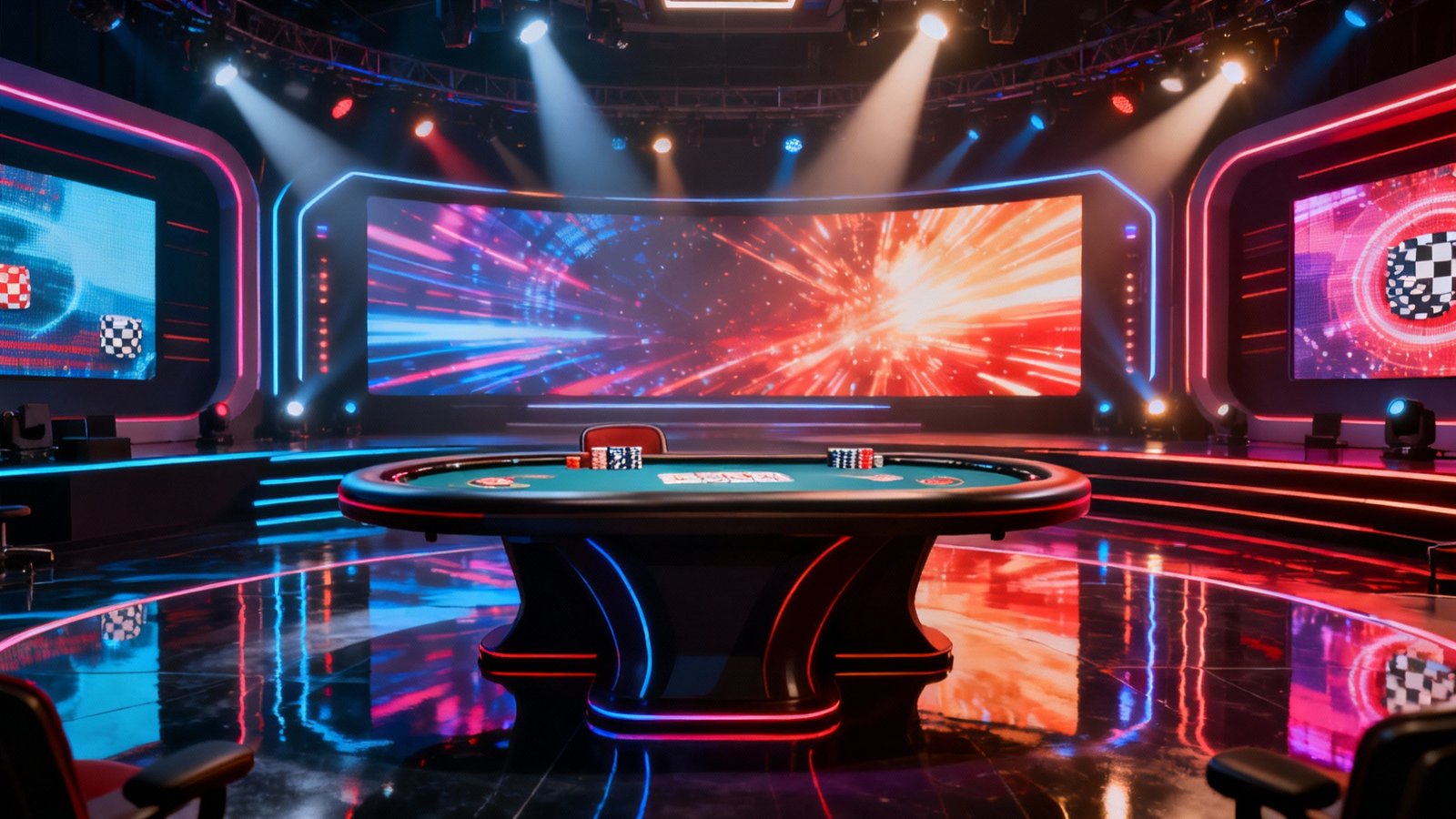 Poker table on a stage with red and blue LED screens and dramatic lighting
