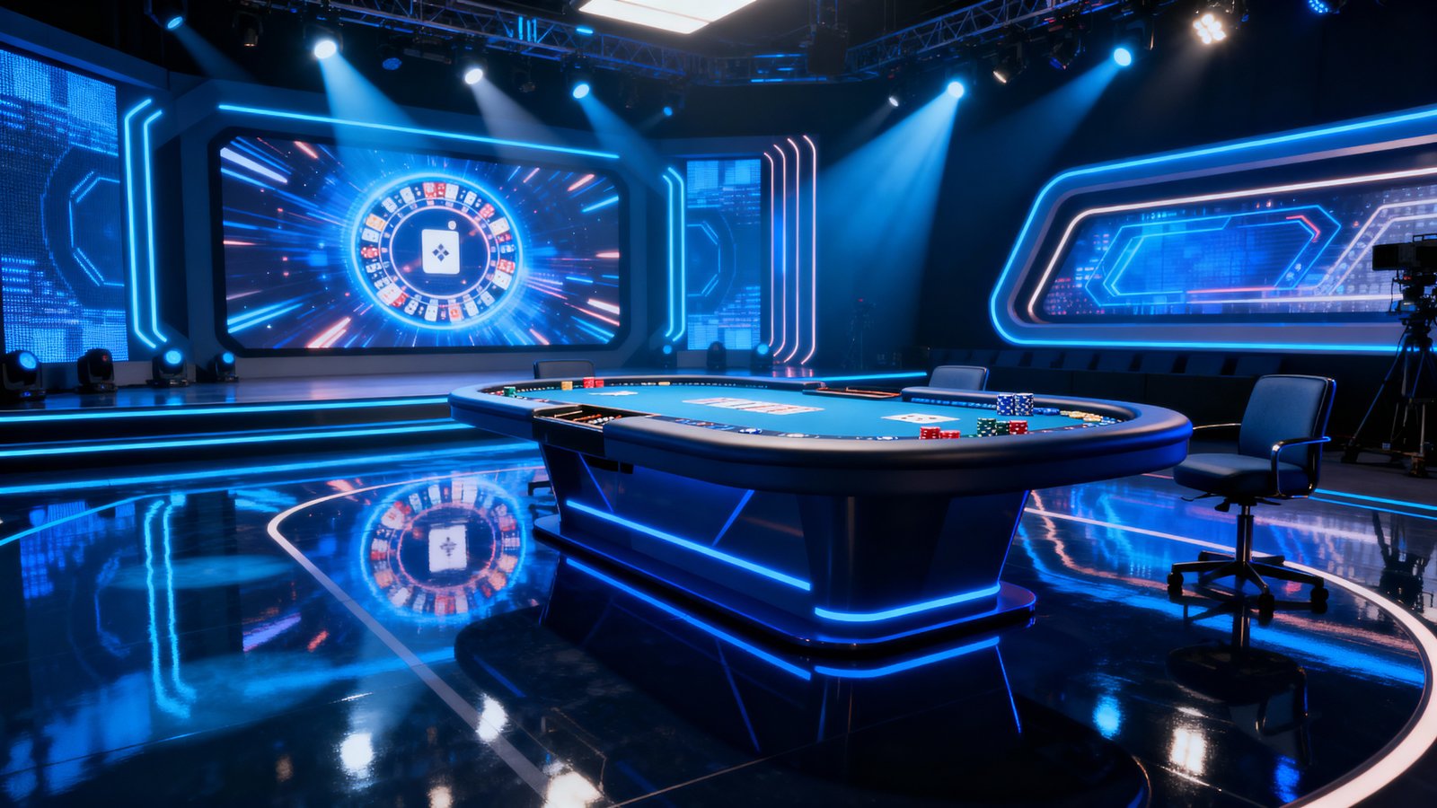 Illuminated poker table on a broadcast-style stage with blue LED lighting