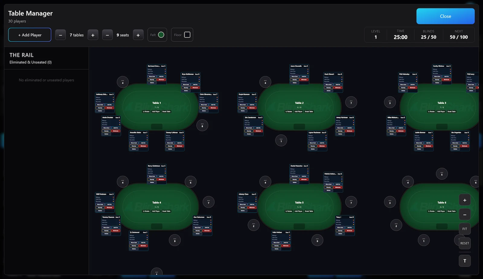 Visual table manager showing seating, balancing and player actions