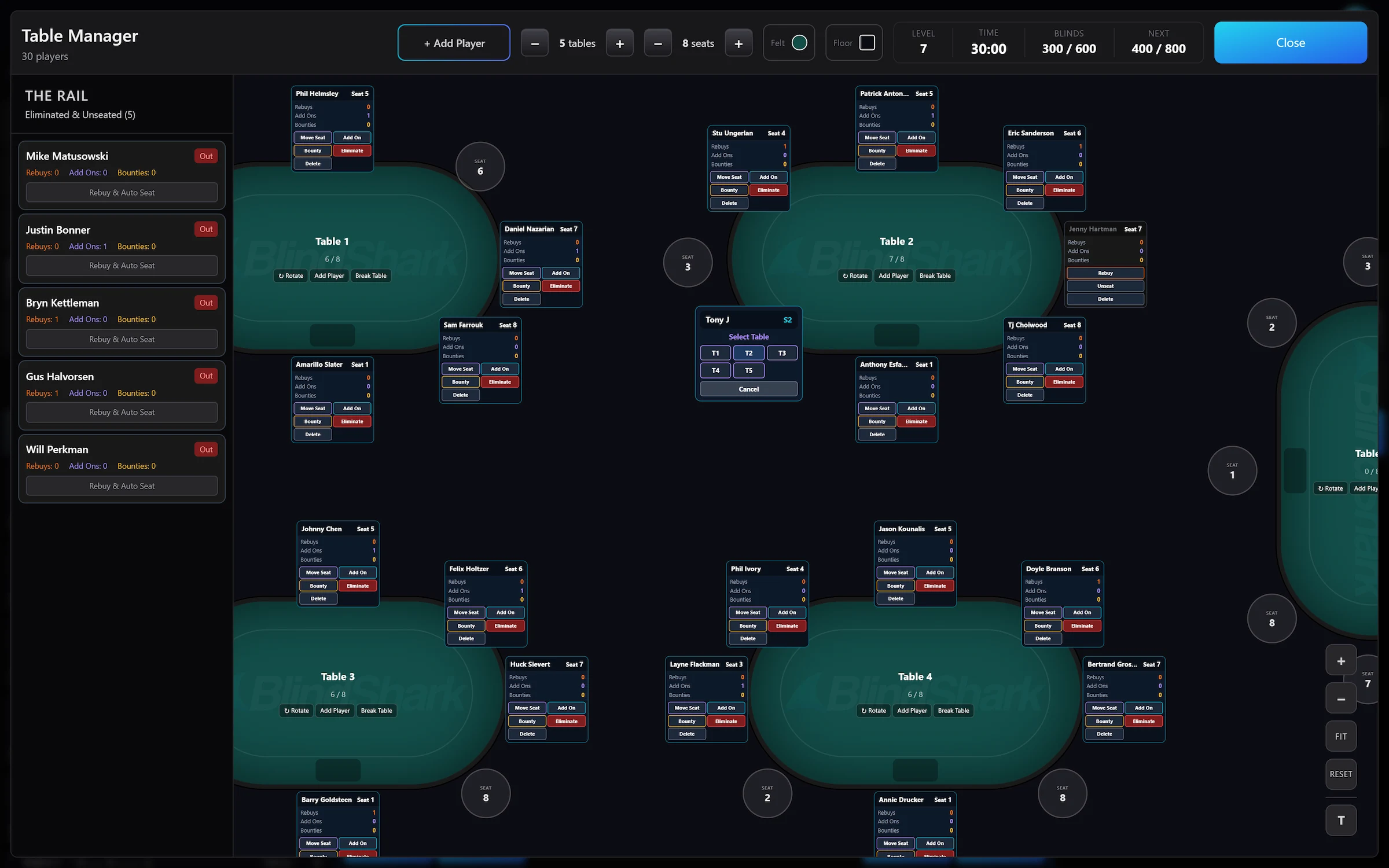BlindShark visual poker table manager showing live seating, table balancing, and player eliminations across multiple tables